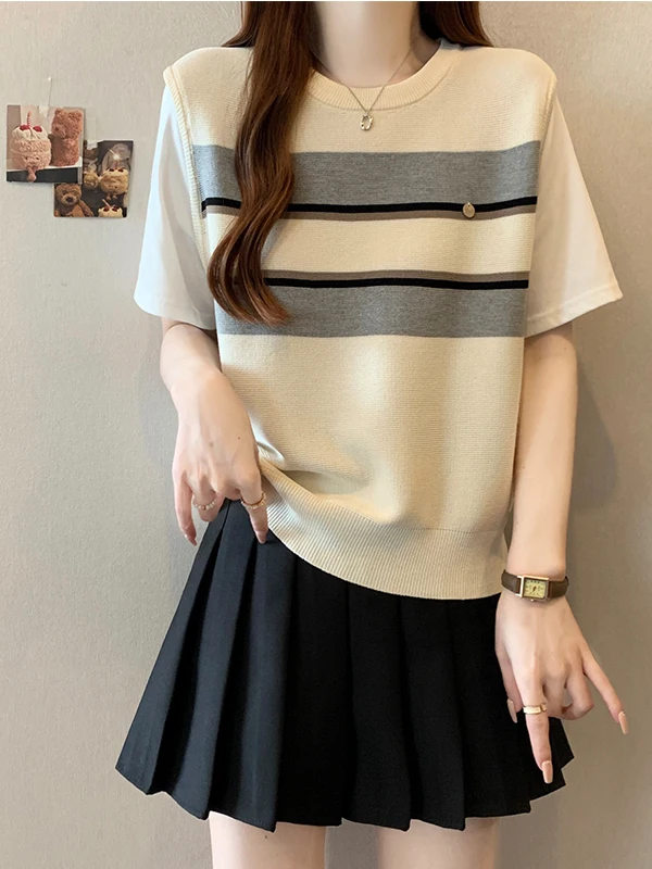 College Style Striped Vest under Short Sleeve T Shirt Women's plus Size Spring Summer New Arrival Korean Loose Fit round Neck