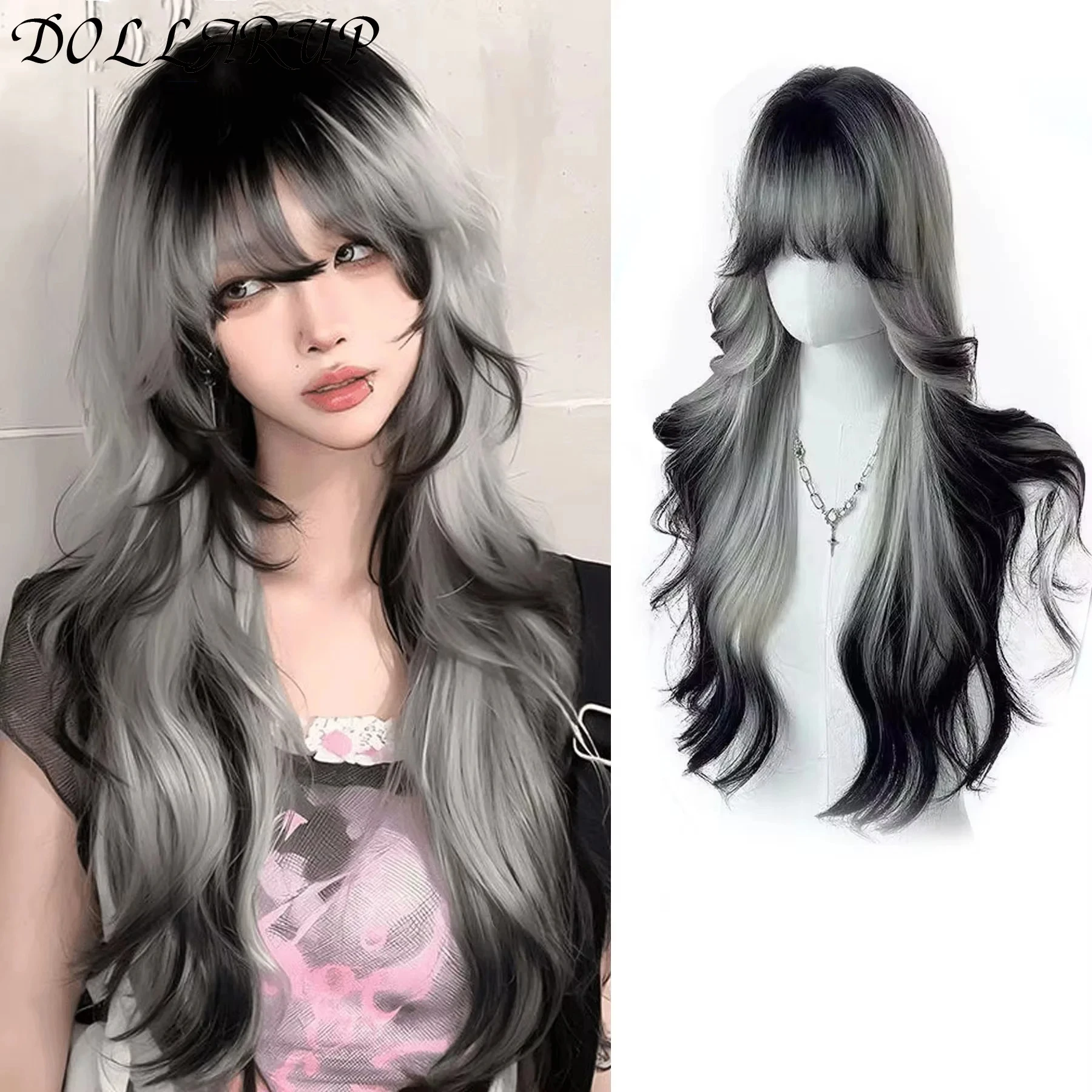 

JKL Long Body Wave Black And Gray Gradient Cosplay Wigs Heat Resistant Synthetic Wigs Bangs Natural Lolita Wigs For Women