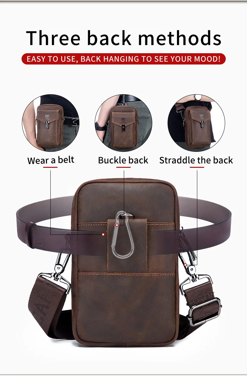 BULLCAPTAIN Crazy Horse Leder Herren Gürteltasche Handy-Hüfttasche Oberste Schicht Rindsleder Einzel-Schulter Crossbody Handytasche – Detail 3
