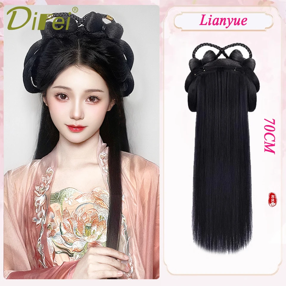 La cina sintetica presenta la parrucca del costume di Hanfu e i capelli lunghi con la parrucca della fascia a mezza testa chignon