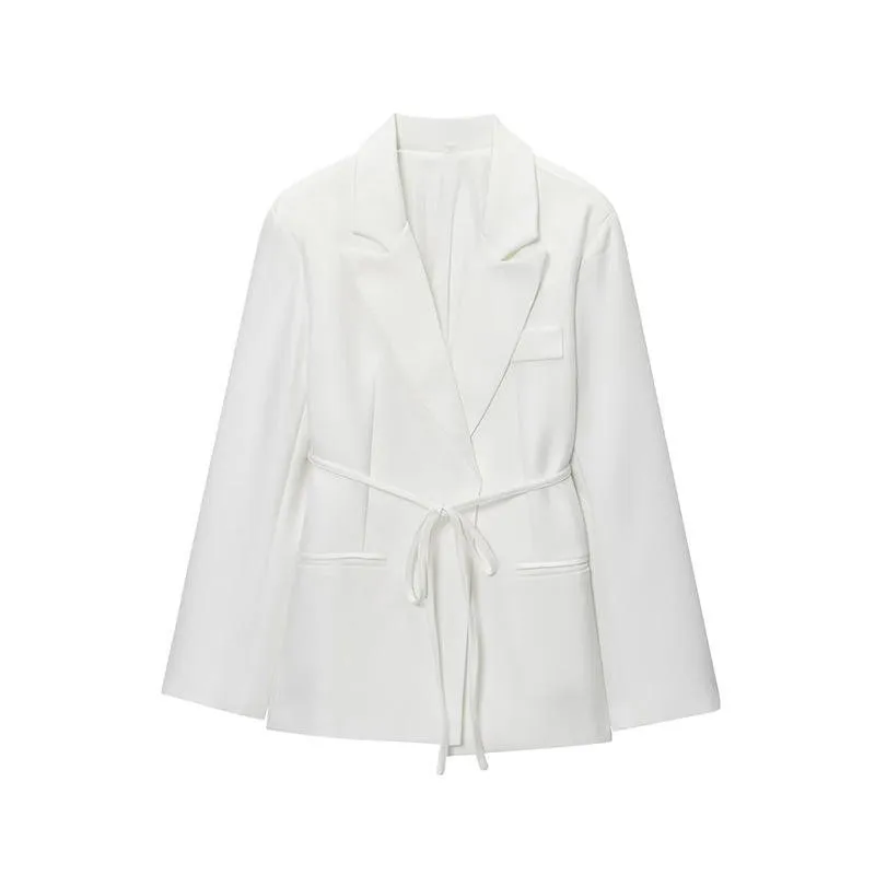 

Fashion White Blazer Woman Elegant Chic Pockets Long Sleeve Loose Belt Jacket Coat 2025 New Autumn Office Lady Solid Suits Coats