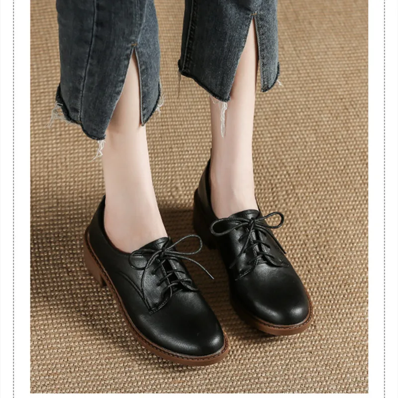 Women's Pump Shallow Brogue Shoe Vintage Chunky Heel Cut Out Oxford Shoes Woman Lace Up Female Fashion Elegant Ladies Short Boot