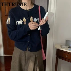 Korean Knit Retro Sweaters Fashion Women Long Sleeve Autumn Winter Round Neck Jumpers Tops Casual Gray Sweet Print Cardigans