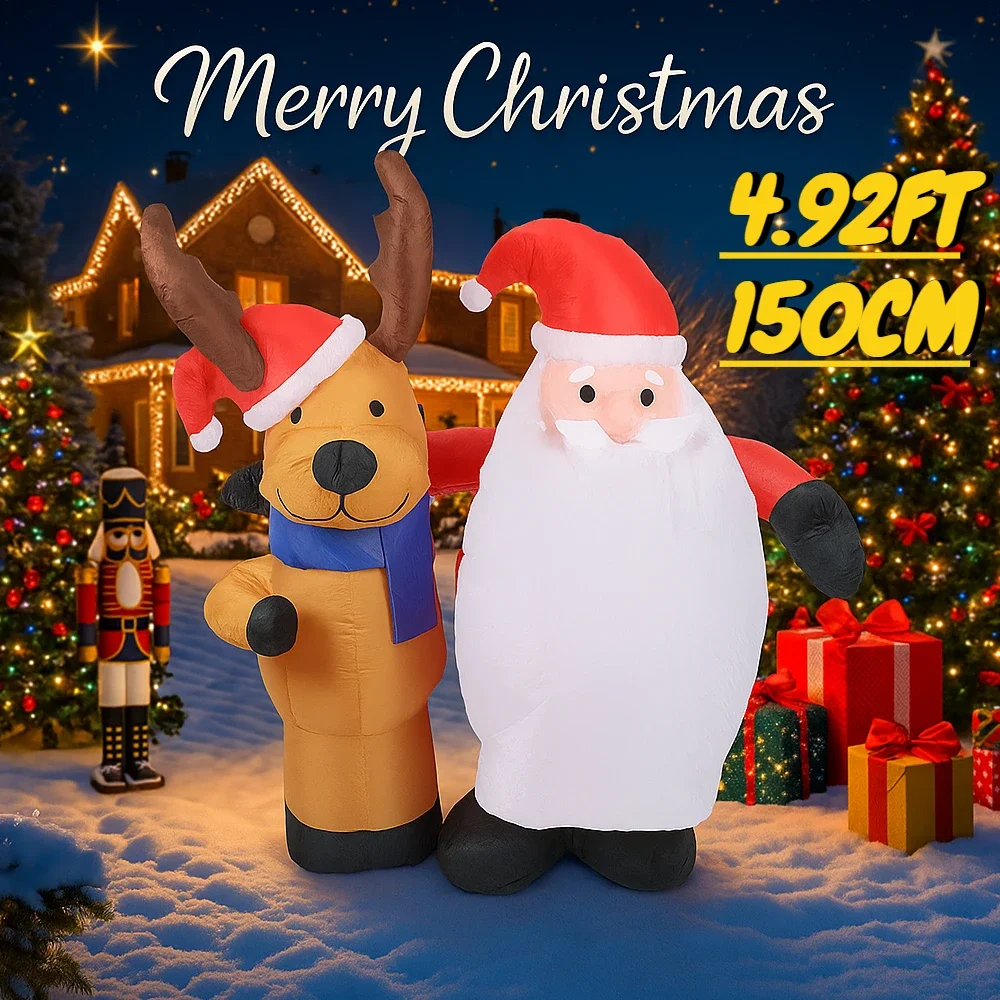 4.92FT Inflatable Santa Claus Reindeer Toy with LED Lit Xmas Yard Lawn Garden Party Decor Christmas Home Supplies Ornaments Gift
