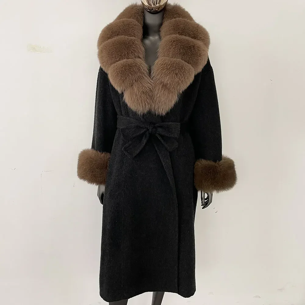 Natural Fox Fur Coat Women Long Wool Coat Warm Collar Fur Cuffs Woolen Coat Real Fox Fur Jacket Female 2024 New Autumn Winter