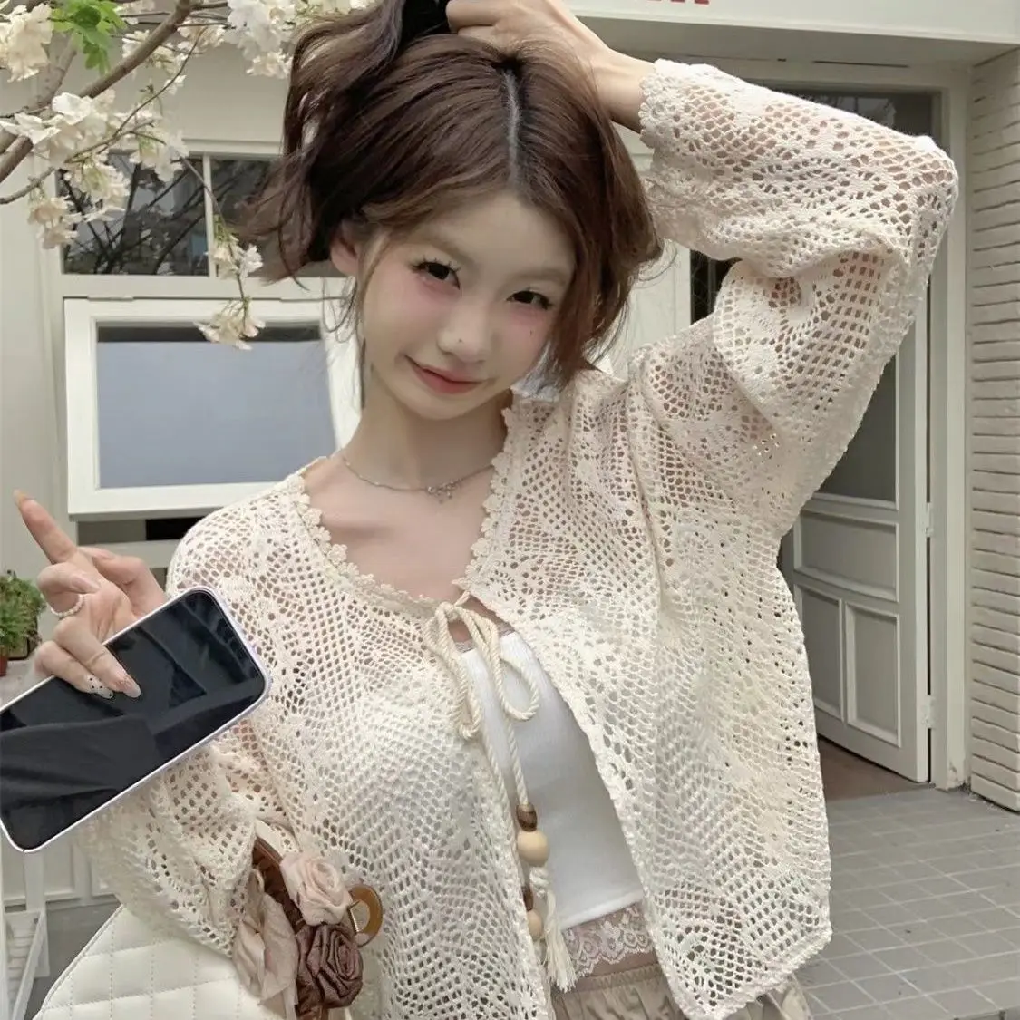 

Gagarich Sunscreen Cardigan Women 2025 Summer New Vacation Style Lace Up Hook Flower Hollow Lace Short Coat Hoodie Top