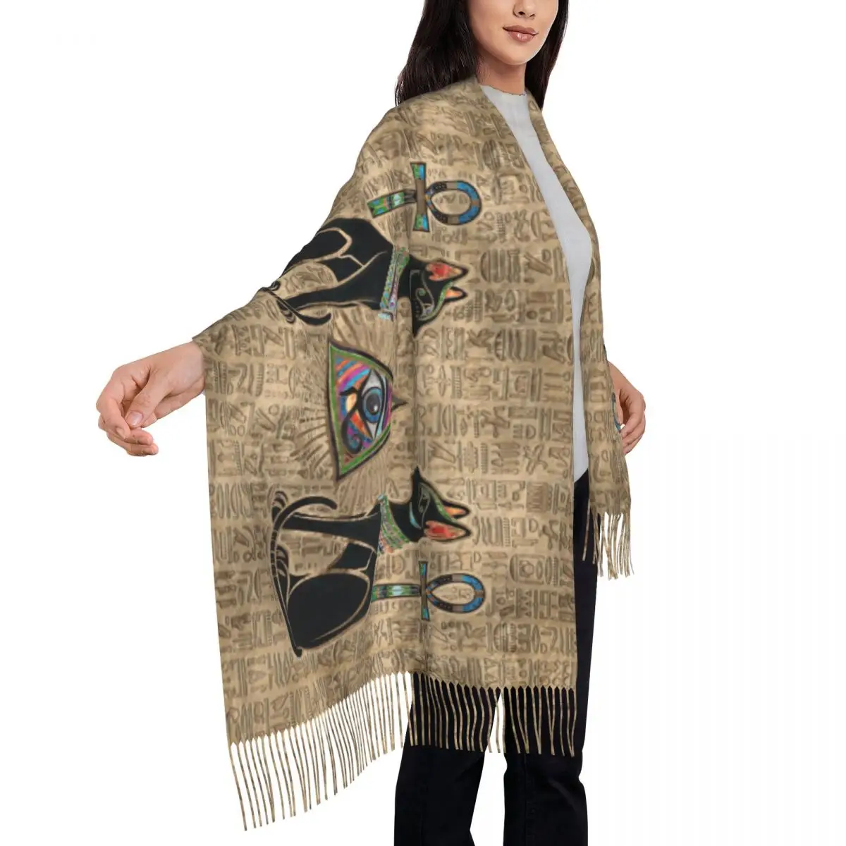 Egyptian Cats And Eye Of Horus 4 Scarf Women Men Stylish Winter Fall Shawl Wraps Egypt Tassel Wraps