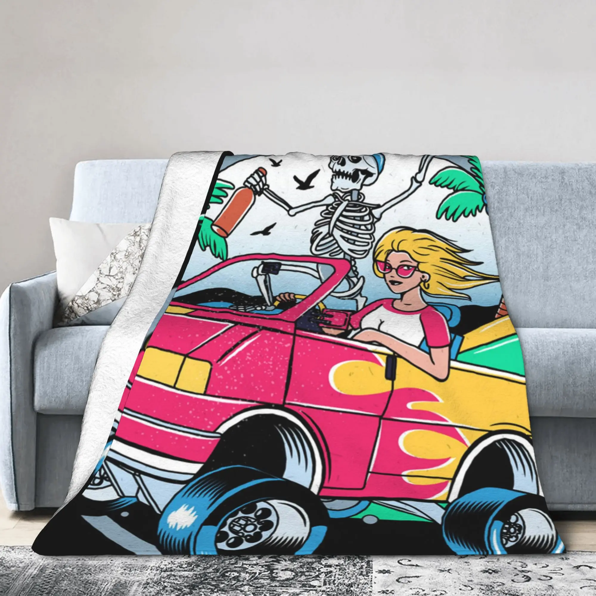 Custom Summer Surf Rider Skull Surfing Blanket Warm Fleece Soft Flannel  Throw Blankets for Bedding Sofa Home Autumn