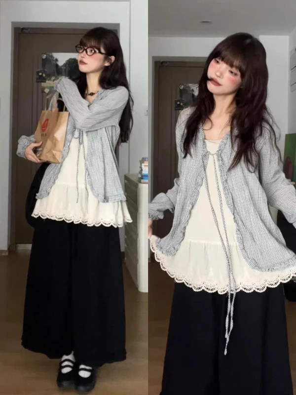 Protezione solare scozzese retrò di grandi dimensioni Cover up Sensation di design da donna Set da due pezzi con canotta interna con cinturino e legno