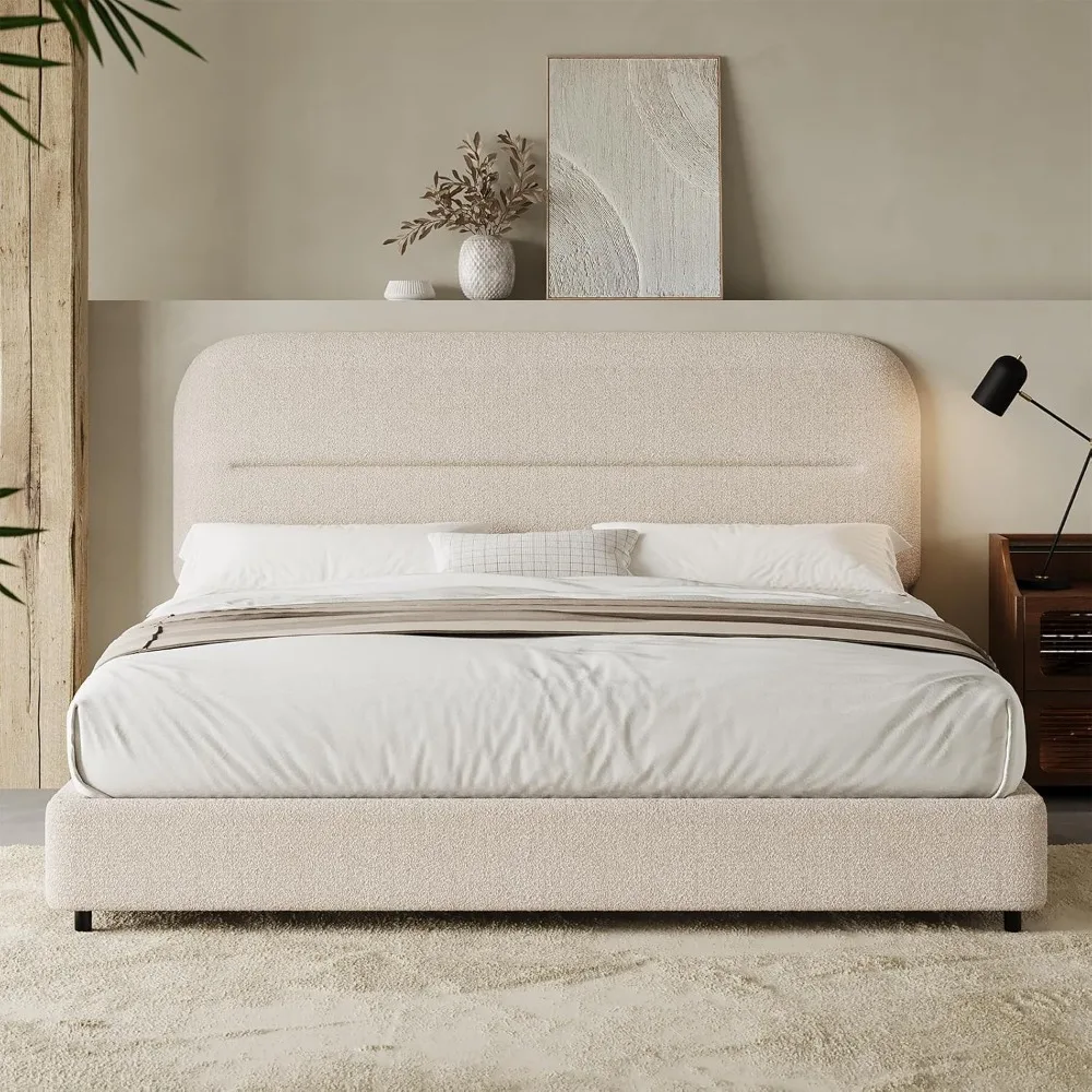 

Full Size Boucle Bed Frame, Upholstered Cloud Bed with Headboard, Soft Bed Frames, Modern Style/Thickened Footboard/Rounded Corn