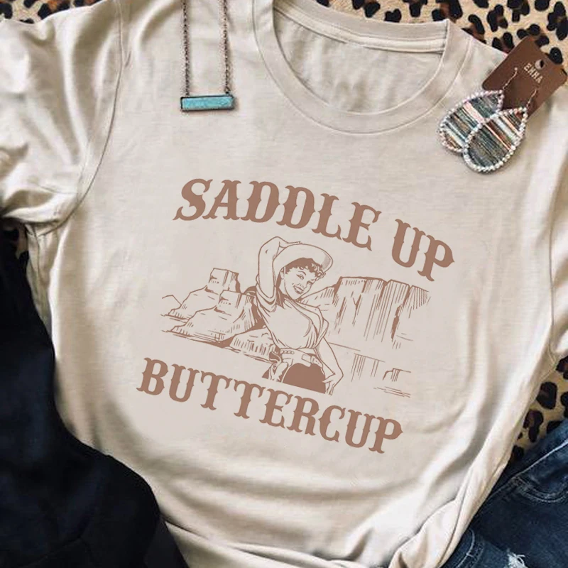 kuakuayu HJN Saddle Up Buttercup Vintage Western Graphic T-Shirt Women Cowgirl Cute Short Sleeve Country Tee Retro Boho Tops