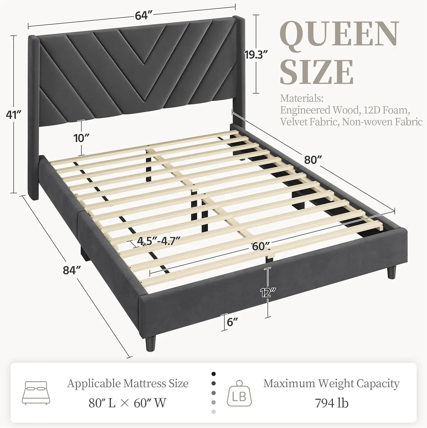 Queen bed frame with cushioned platform bed, equipped with wing edges/wooden support/no need for springs, dark gray queen bed