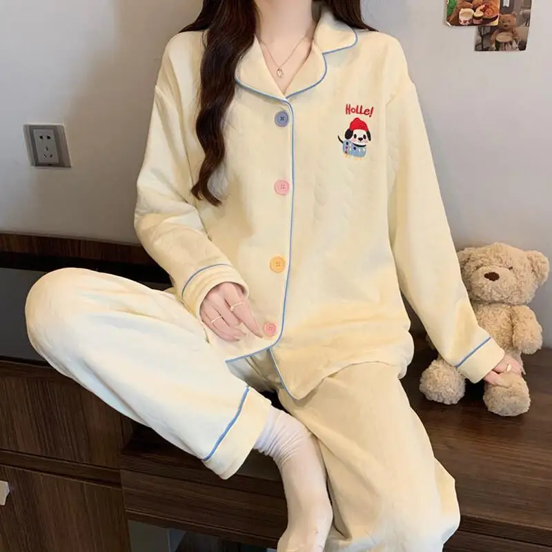 

New Women's Quilted Pajama Set Winter Warm Thermal Sleepwear Fleece Couples Pajamas Homewear Ladies Nightwear Suit Loungewear