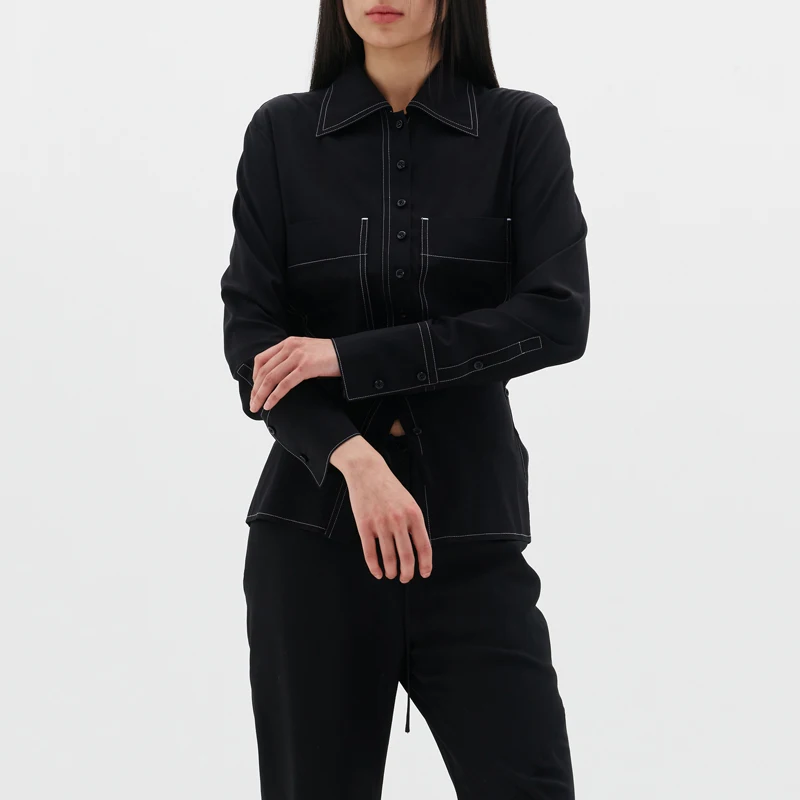 

Женская приталенная рубашка с длинным рукавом, модный дизайн для офиса, с декоративными карманами, с манжетами, с эффектом утяжки на талии, из тонкого материала, для делового стиля