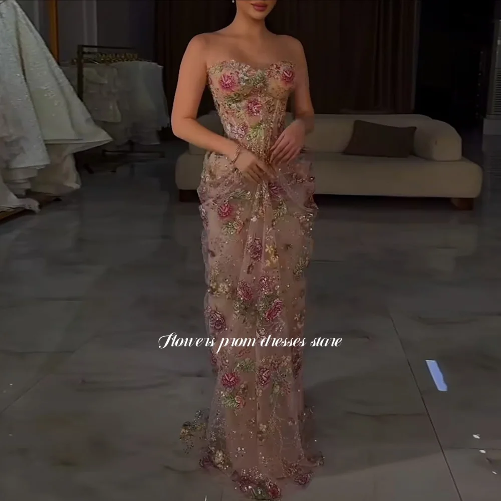 Flowers Floral Evening Dress with Embroidery Mermaid Prom Dress with Sequins Formal Occasion Dress vestidos de fiesta Customized