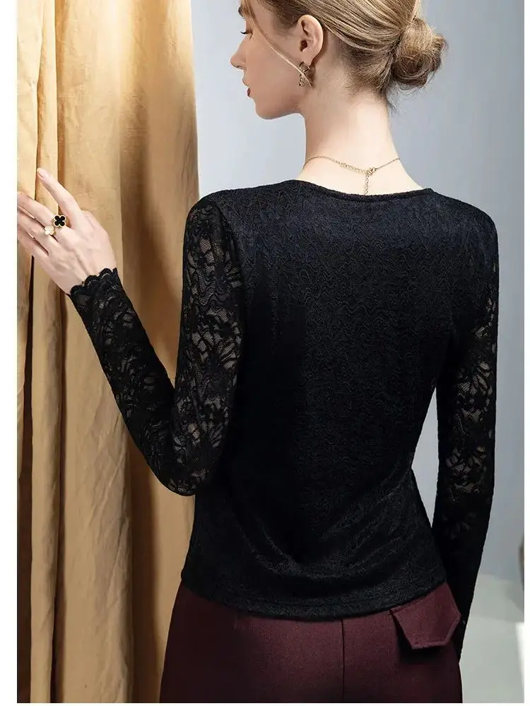 Female Chic Lace V-Neck Slim-Fit Long Sleeve Top，Spring Autumn New Hollow-Out Lace T-shirts For Women