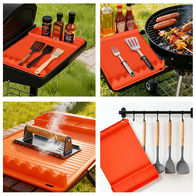 Estera de silicona para barbacoa, almohadilla de protección de aceite con área de condimentos, resistente al calor, fácil de limpiar, accesorios multifuncionales para barbacoa al aire libre