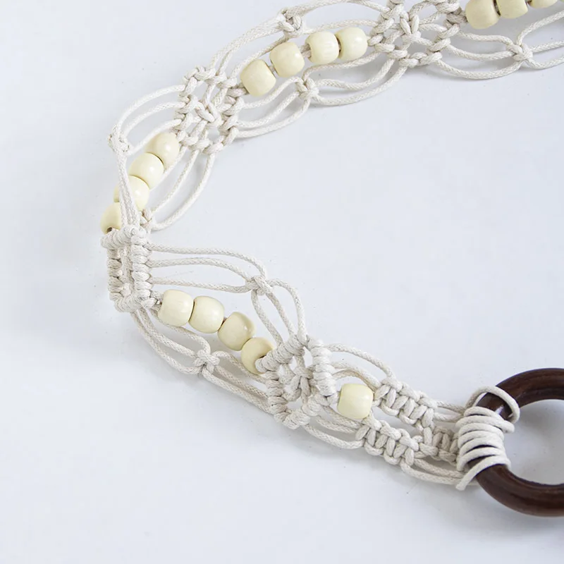 حبل شمع بإبزيم خشبي بوهيمي منسوج على الطراز العرقي مصنوع يدويًا حزام خصر نسائي من الخرز الخشبي، حبل خصر غير رسمي على طراز المنتجع