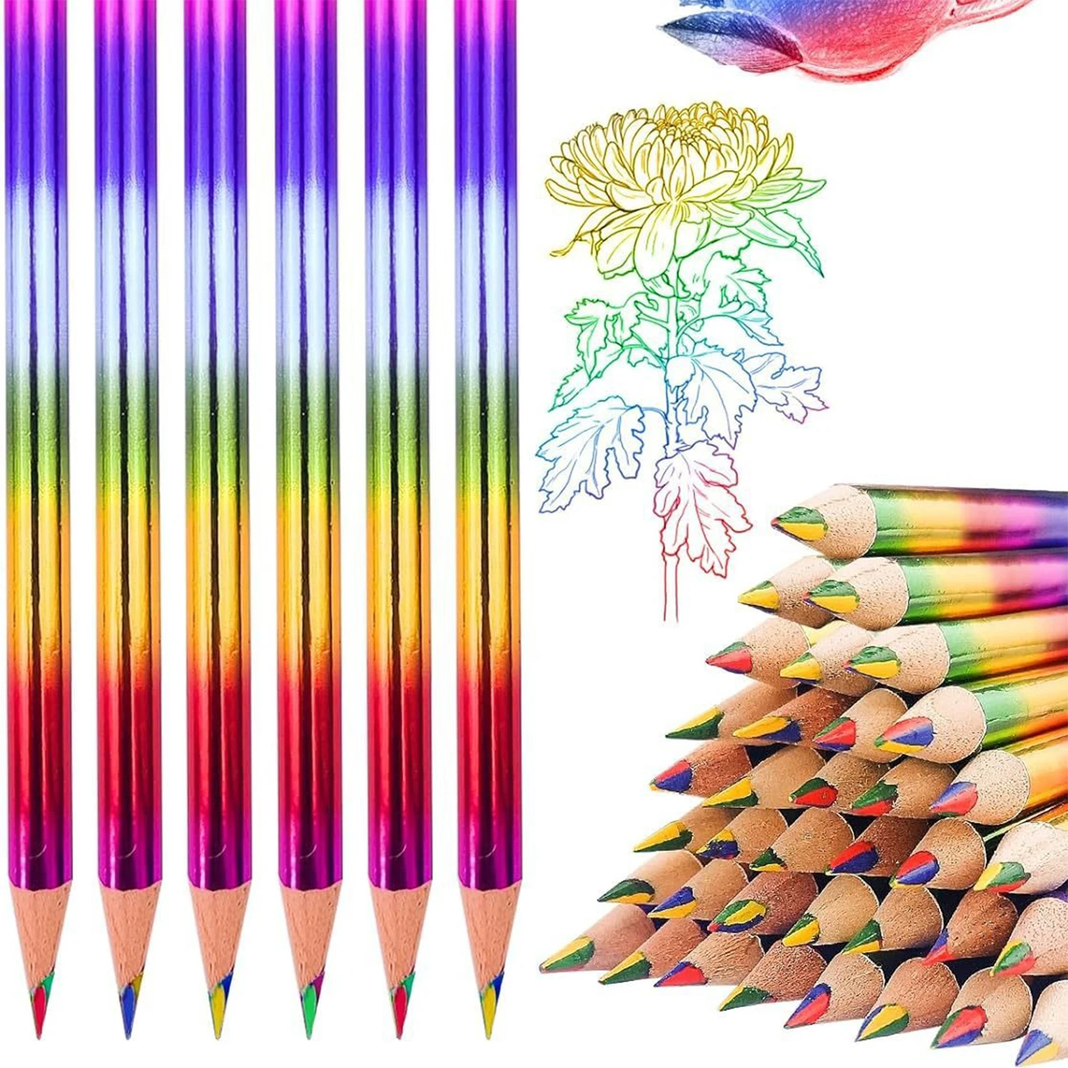 10Pcs Rainbow 4 Color in 1 Pencils Rainbow Pencils Wooden Colored Pencils Multi Colored Pencil For Kids Office School Supplies