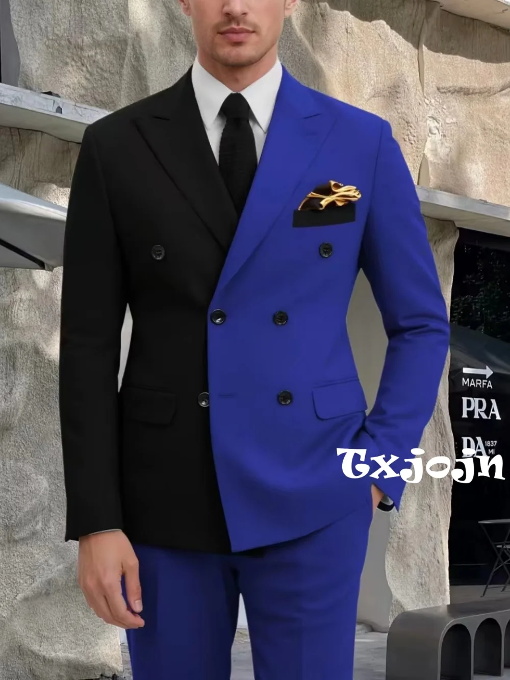 Fashion Contrast Man Suit Set 2 Pieces Jacket Pants Stage Performance Wear Premium Double Breasted Men's Tuxedo For Wedding