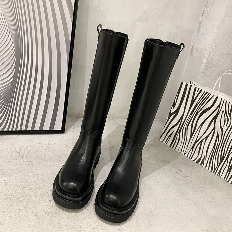 Fashion Woman\'s Platform Zipper Spring Autumn PU Leather Non-slip Knee High Luxury Designer Casual Women Chunky Long Black Boots