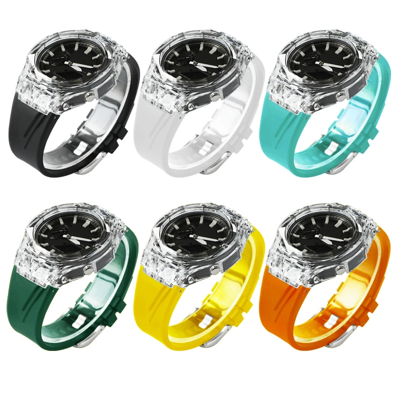 متوافق مع GA-2100/2110/B2100 ملحقات ساعة بحزام مطاطي شفاف من خشب البلوط المزرعة.