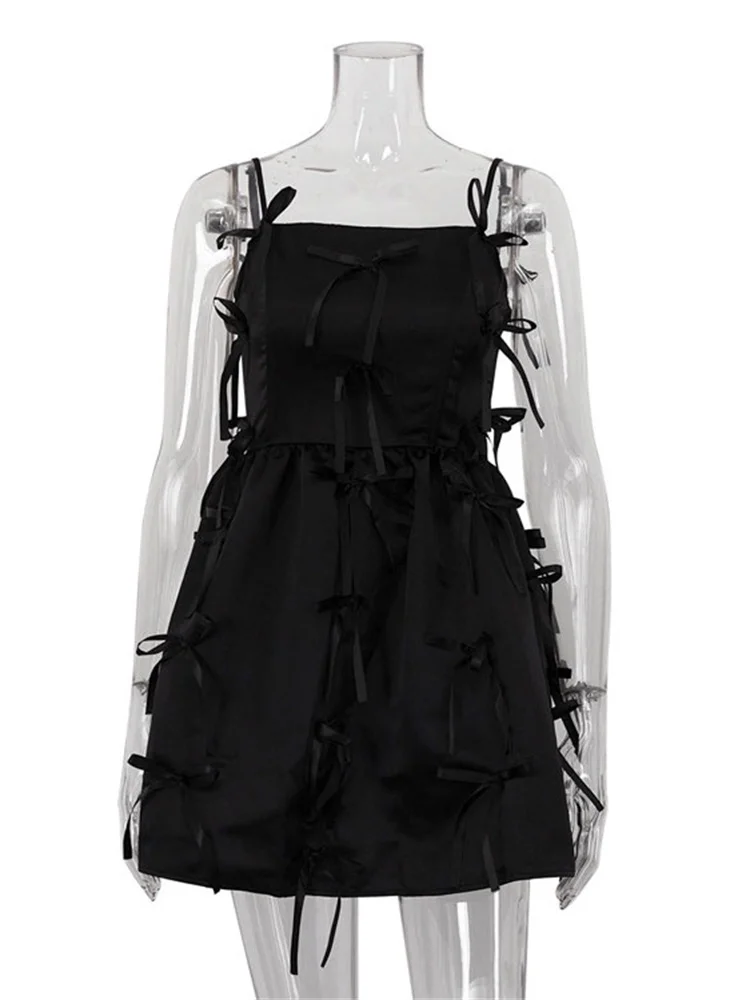 Tossy noir t-shirt nœud décontracté Mini robe femme pansement dos nu été 2025 nouveau Patchwork Spaghetti robe femmes robe moulante