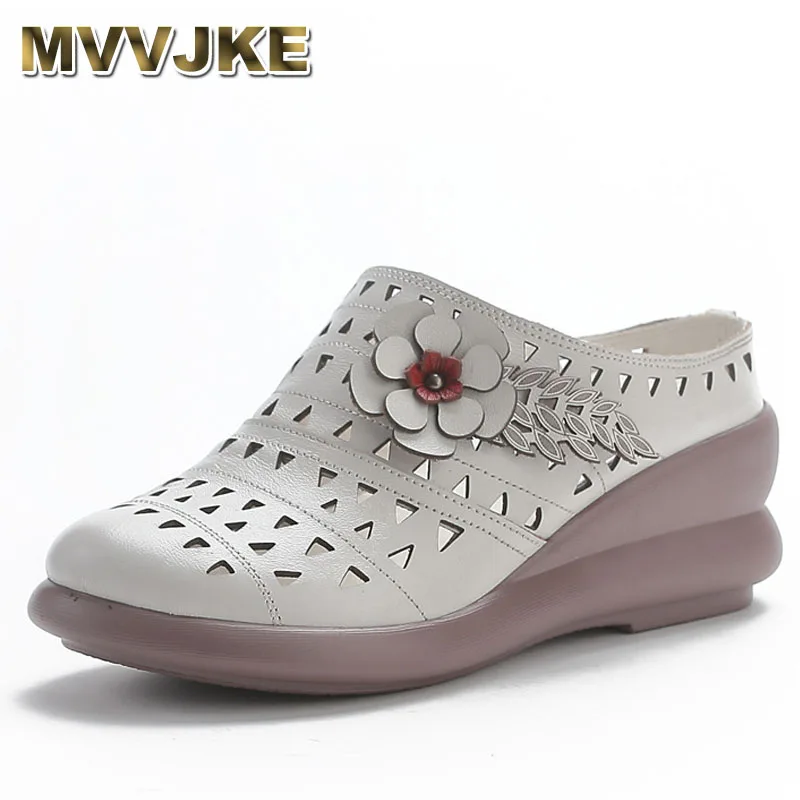 

New Casual Women's Shoes with Ethnic Style Genuine Leather Flower Hollow Women's Slippers Breathable Comfortable Hole Shoes