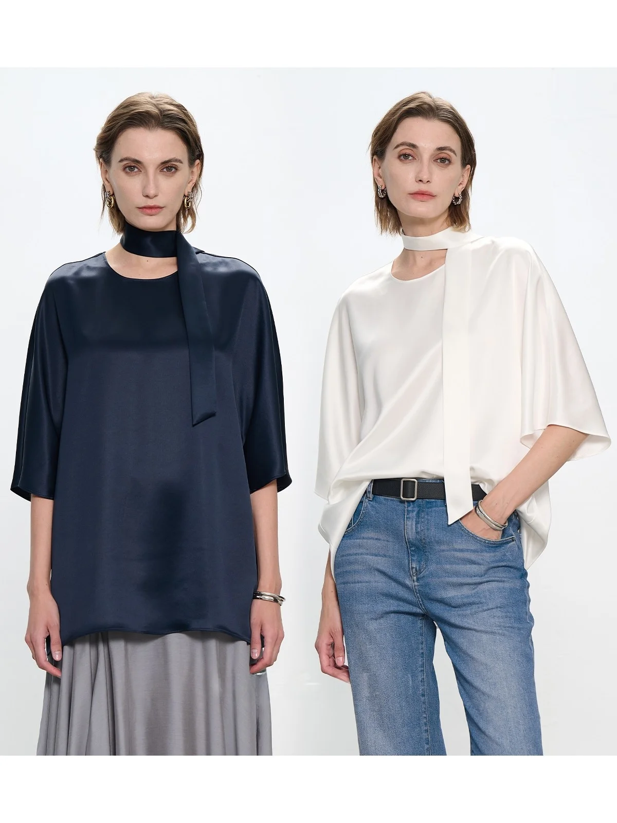 

CEMO Summer Luxury Cool Double-Sided Satin Acetate Women's Loose round Ne T-irt with Sa Commute Simple Elegance Top