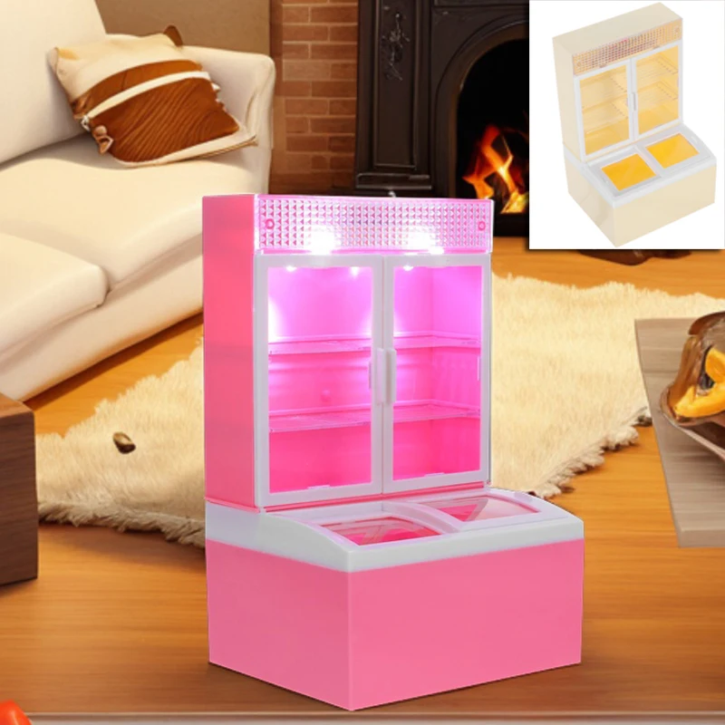 

New Refrigerator Simulation Ice Cream Cabinet Dollhouse Kitchen Display Mini Fridge for Kids Pretend Toys Grey Miniature Child