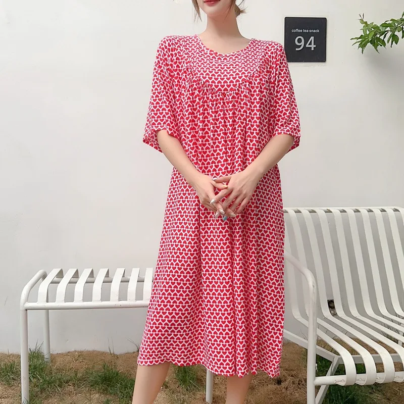 2023 Summer New Nightdress Loose Plus Size Homewear Cotton Round Neck Printed Pajamas Dress Can Be Worn Outside Pijamas Women