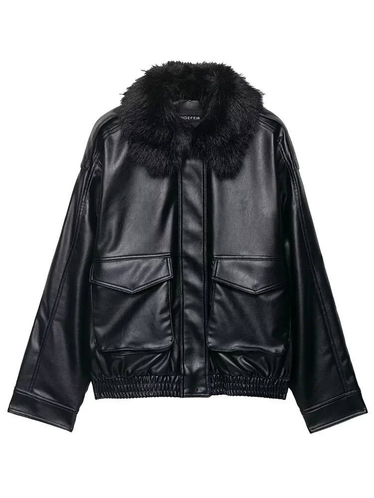 

HH Women's New Fashion Jackets Black Fur-Trimmed Lapel Long Sleeves Pockets Zipper Female Autumn High Street Loose Coats