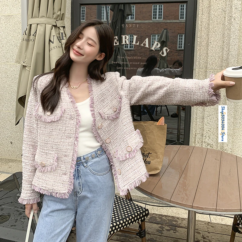 

V-neck Tassels Tweed Jacket for Women Outerwear 2024 Autumn New Elegant French Style Sweet Girl Loose Casual Coat Female X198