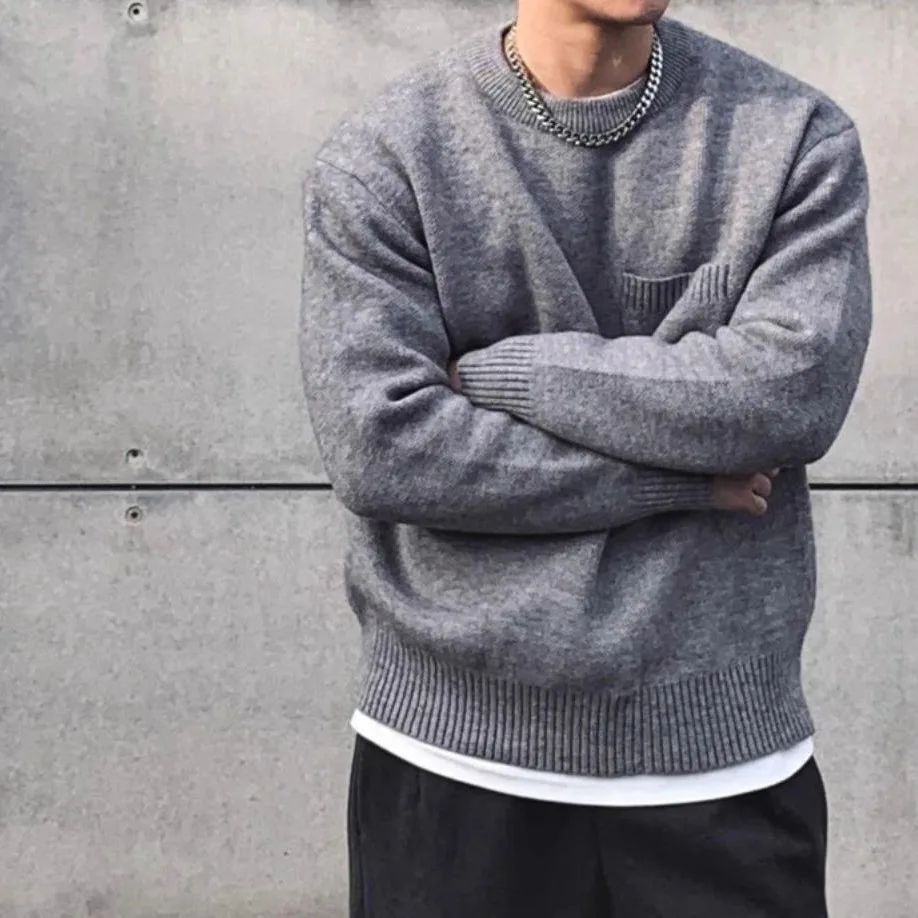 

Pop 2025 Fashion Autumn Winter Men's Solid Color Casual Trendy Simple Basic Loose Pocket Knitted Sweater Pullovers Male Clothes