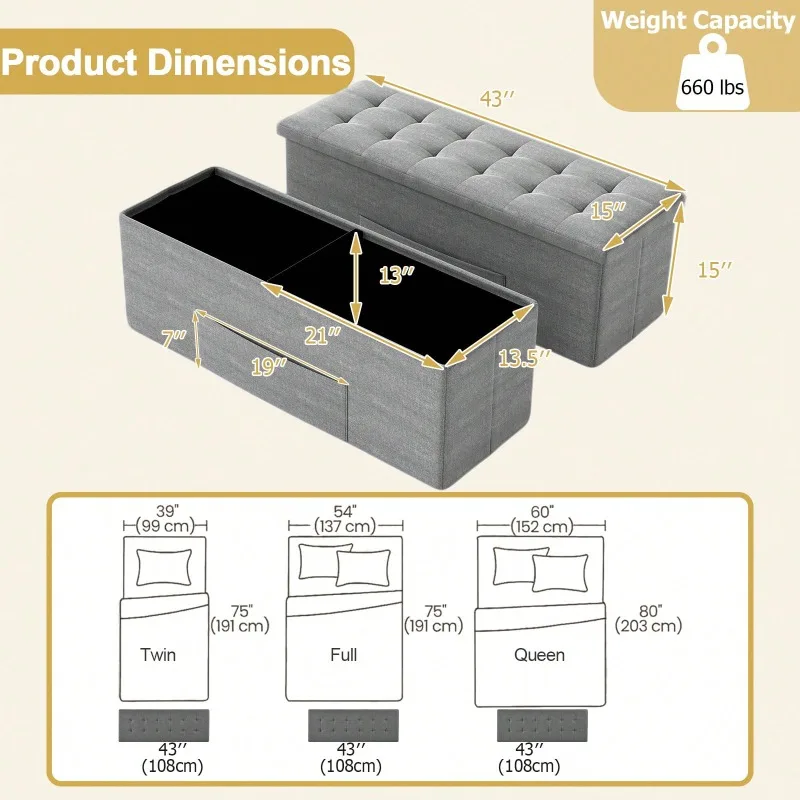43 Folding Storage Ottoman Bench W/ Removable Divider & Side Pocket Bedroom