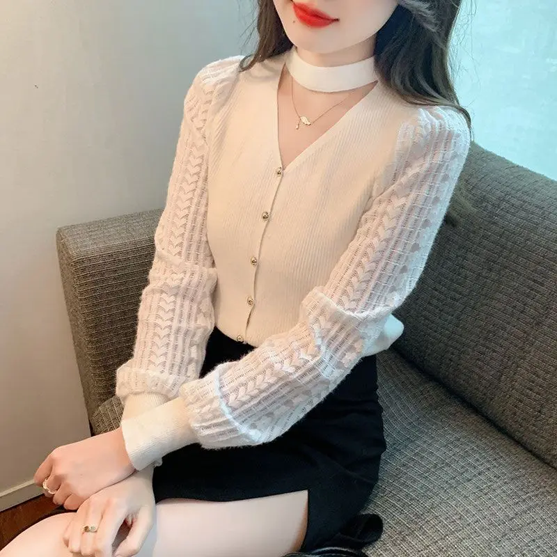 Women\'s Spring Autumn Solid V-Neck Pullover Button Lace Hollow Out Lantern Long Sleeve Sweater Knitted Casual Office Lady Tops