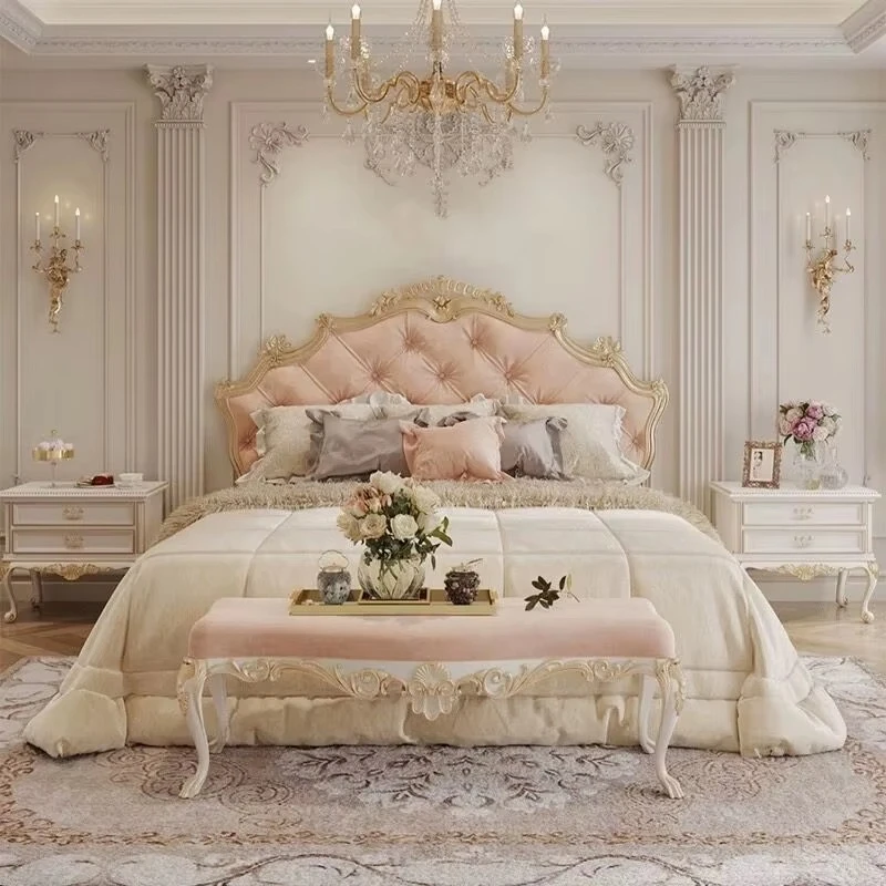 Solid wood carving flower double bed modern minimalist royal style princess bed