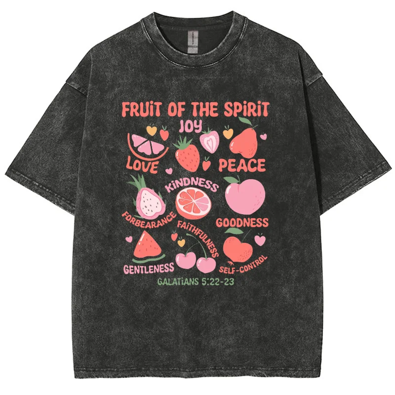 

Fruits Graphic Print T Shirt Vintage Snowflake Point CottonTee For Women Wash With Old Water Short Sleeve Korean Y2k T-Shirts