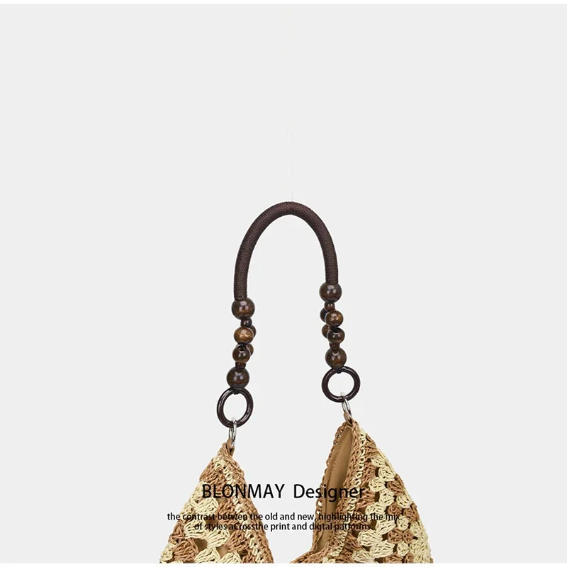 8 Stile Perlenbesetzte Häkel-Strick-Handtasche mit Farbblock-Design, Damen Sommer Hohlgeflochtene Handtasche, Leichte Lässige Strandtasche – Detail 6