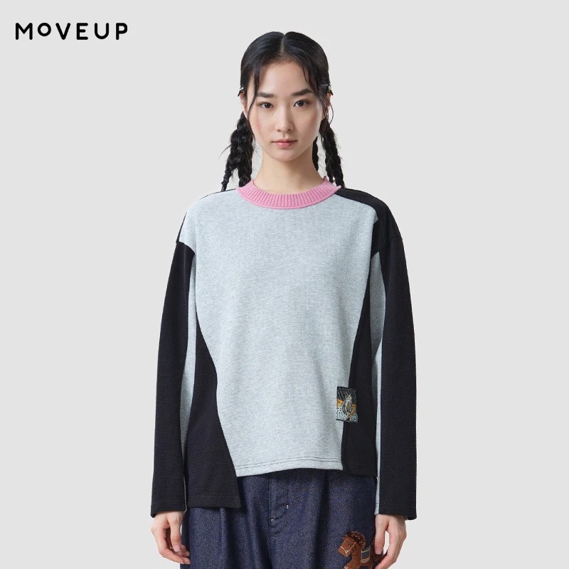 MOVEUP Women's Long Sleeve Casual T-Shirt 2026 Autumn Crew Neck Woven Label Color Block Splicing Cropped Cotton Tops 3ELQ10538