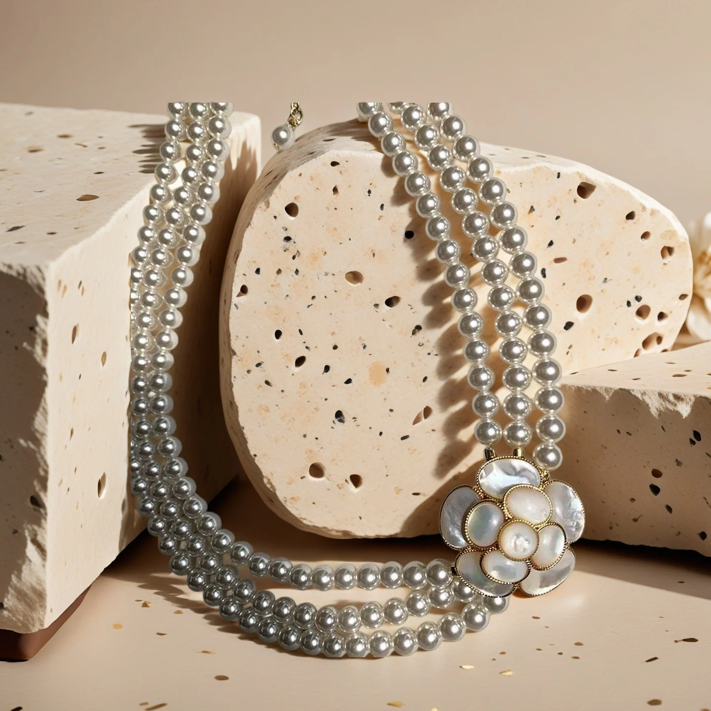 Yuri Ailey French Vintage Multi‑Layer Pearl Necklace Natural Mother‑of‑Pearl Camellia Flower Luxury Women Jewelry For Party