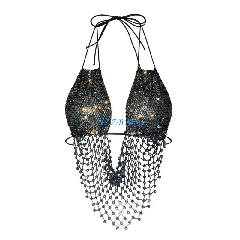 

T21F Women's Sparkly Rhinestones Mesh Bra Top See Through Hollow Out Crop Tops