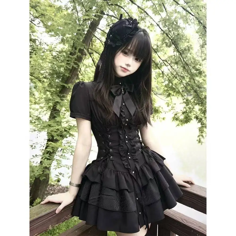 Retro Gothic Spitzen-Minikleid Damen Y2K Streetwear Lolita Langarm Slim Fit Schwarzes Outfit Elegante Partykleidung Chic
