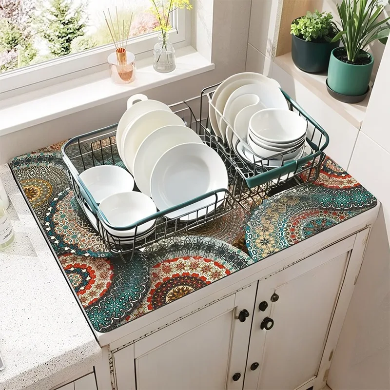 Kleurrijke bloem absorberende schotel droogmat antislip aanrecht pad voor servies koffiezetapparaat magnetron stofdicht decor