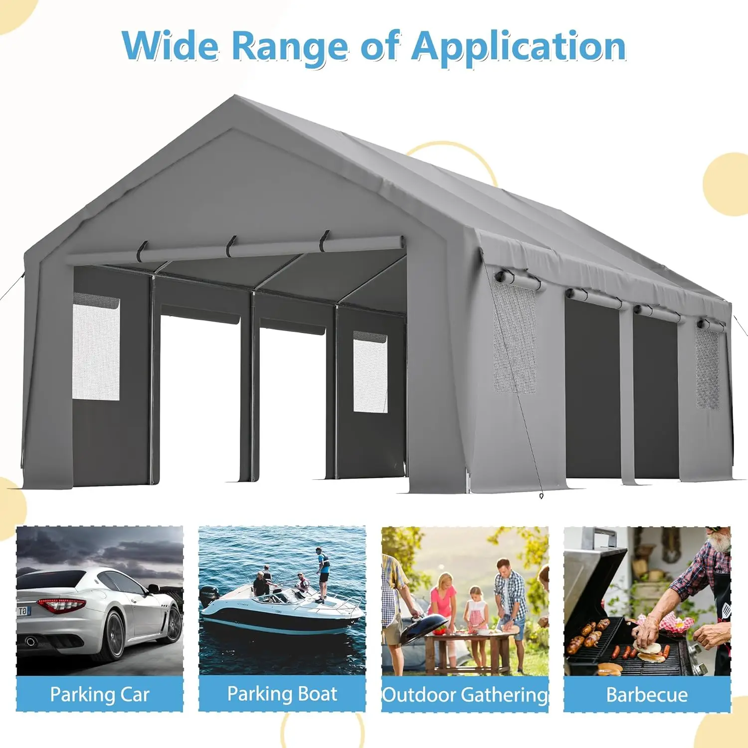 Carport 13'x 25' พอร์ตรถยนต์สําหรับงานหนักพร้อมผนังด้านข้างแบบม้วนขึ้นและหน้าต่างระบายอากาศพร้อมผนังด้านข้างแบบถอดได้