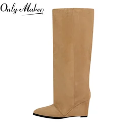 Onlymaker Woman Pointed Toe Wedge Heel Knee High Boots Winter Fashion Pull-On Handmade Boots