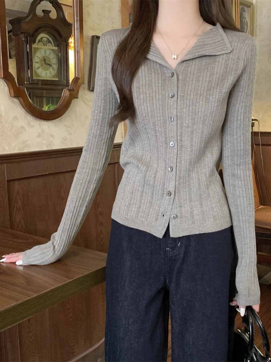 

Корейский женский облегающий вязаный открытый кардиган с выдолбленным воротником, дизайнерский свитер, осень-зима, базовый топ, мягкий уютный Sle