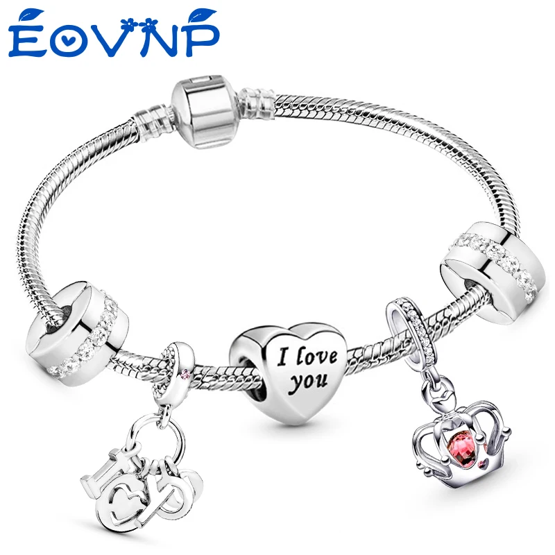 Crystal I LOVE YOU Charm Bracelets Silver Color Fixing Clip Handmade DIY Charm Bracelet For Women Men Jewelry Gift Pulsera Mujer