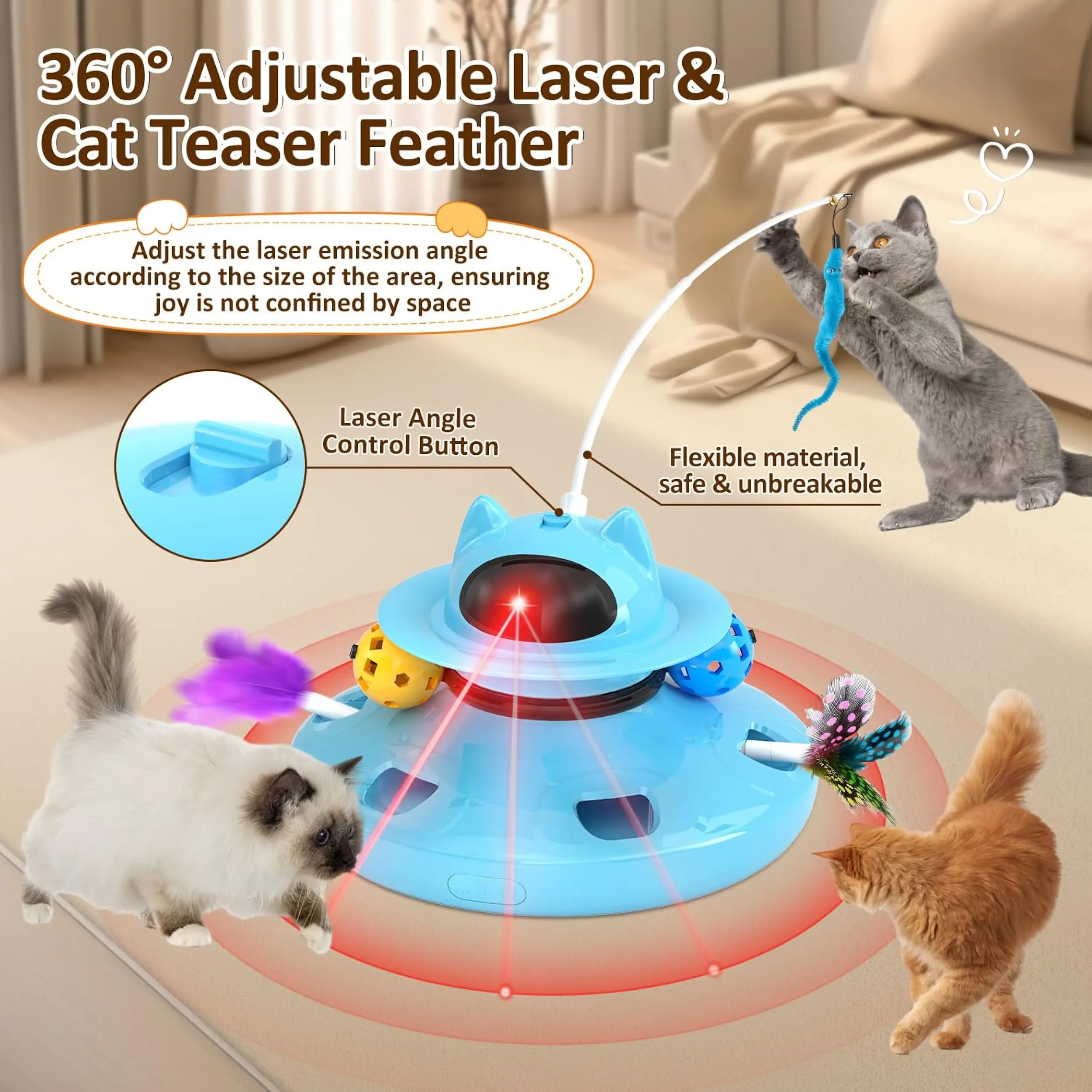 4-In-1 Eco-Friendly Modern Automatic Interactive Plastic Cat Toy Rechargeable Indoor with Feathers and Track Ball