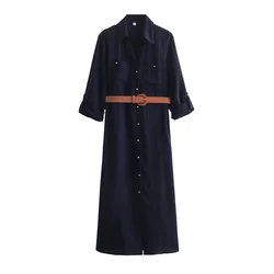 Taop&Za 2024 Women's European and American style single breasted pocket with belt and shirt style long dress